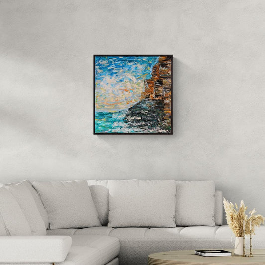 Azure Memory - Coastal Oil Painting - Abstract Ocean Cliff- Mediterranean Textured Canvas Art