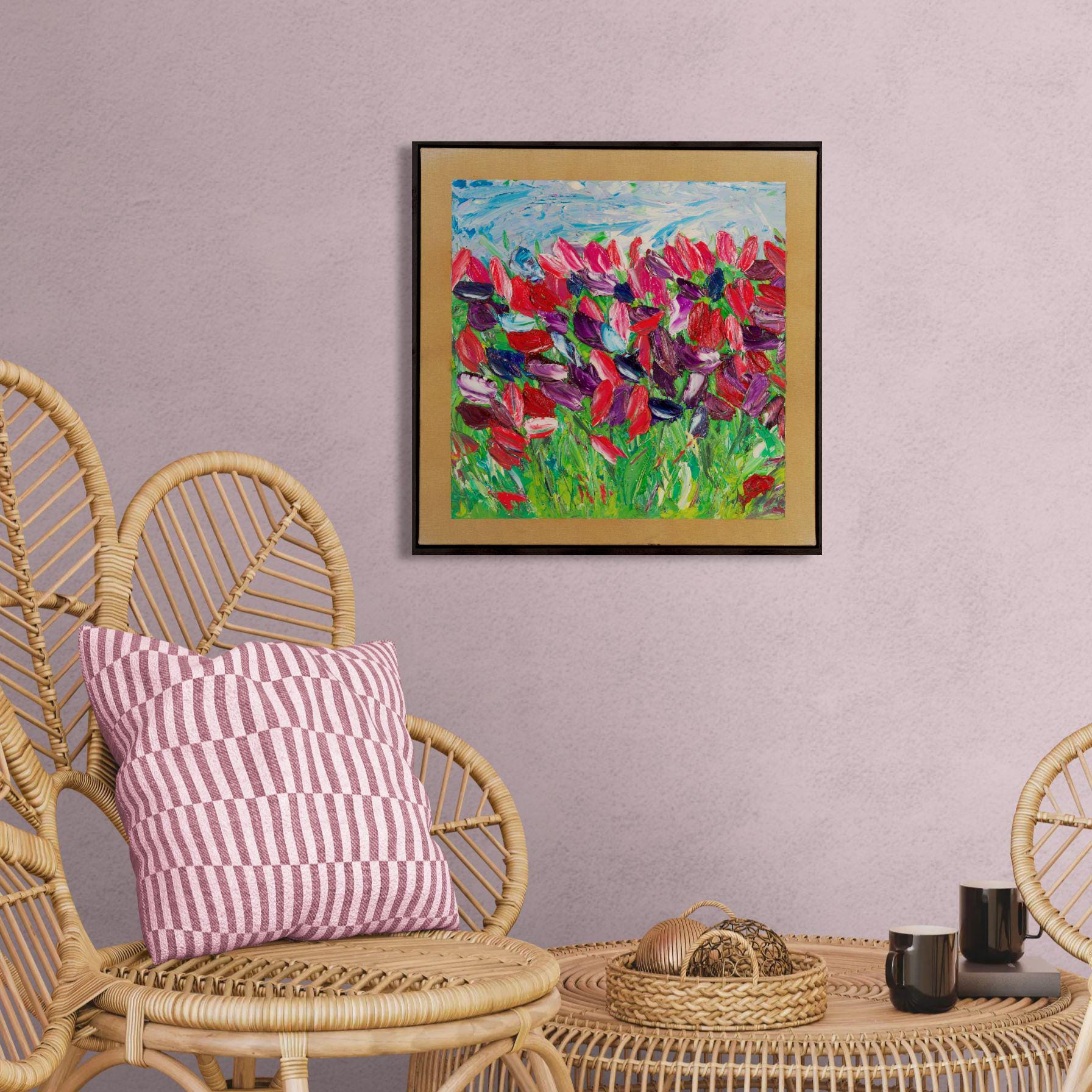 Original Oil Painting 52x52cm - Quiet Garden - Abstract Floral Art - Impressionist Tulip Field