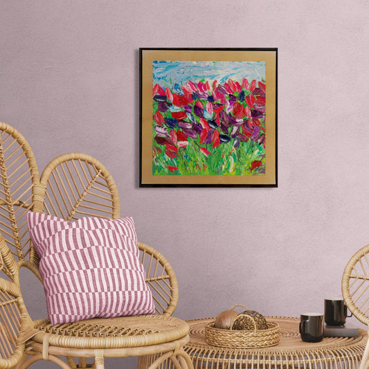 Original Oil Painting 52x52cm - Quiet Garden - Abstract Floral Art - Impressionist Tulip Field