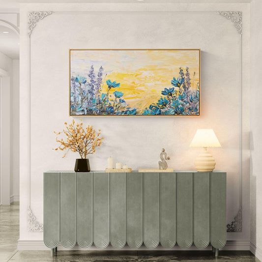 Large Textured Floral Oil Painting 122x62cm - Azure Horizon - Abstract Flower Art on Canvas - Bright Colorful Garden Wall Decor