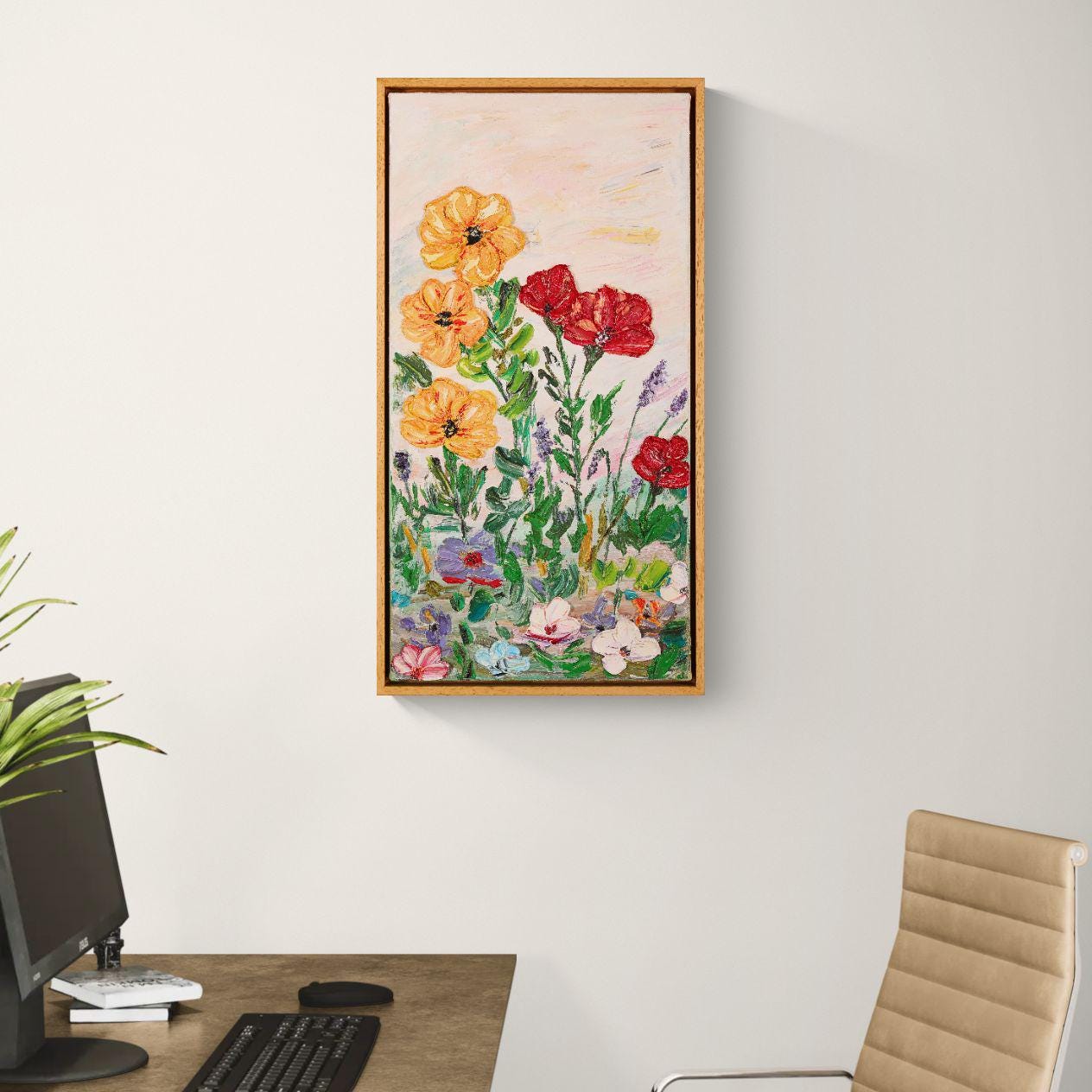 Colorful Textured Oil Floral Painting 62x32cm - Flower Dance P.2. - Colorful Textured Flower Art - Blooming Flowers Painting