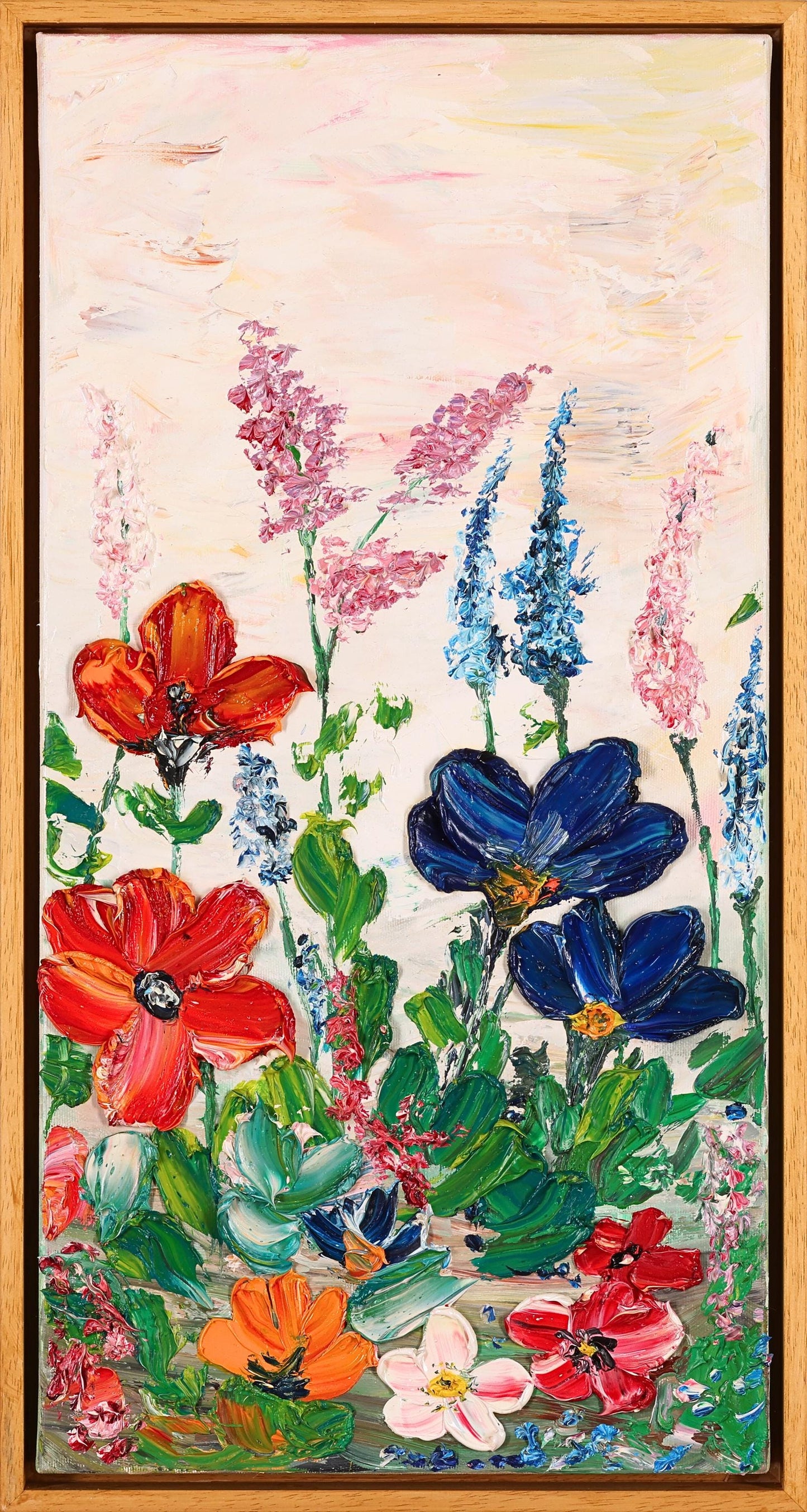 Colorful Textured Oil Floral Painting 62x32 cm - Flower Dance P.1.- Colorful Textured Flower Art - Blooming Flowers Painting