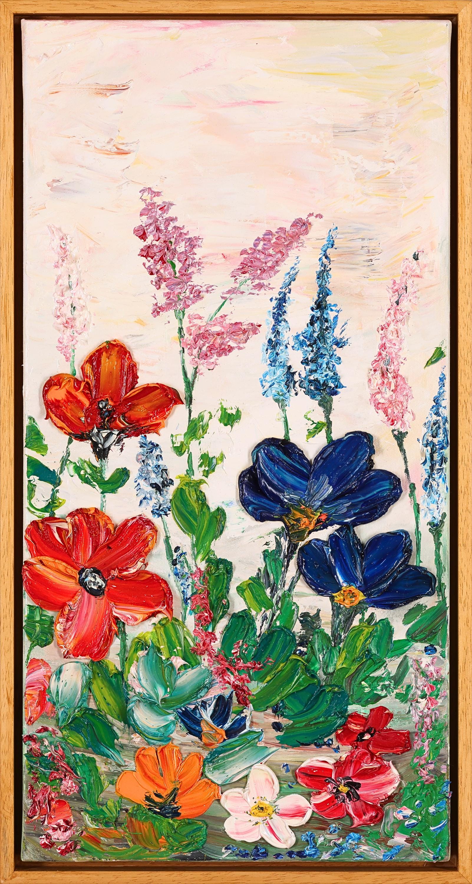 Colorful Textured Oil Floral Painting 62x32 cm - Flower Dance P.1.- Colorful Textured Flower Art - Blooming Flowers Painting