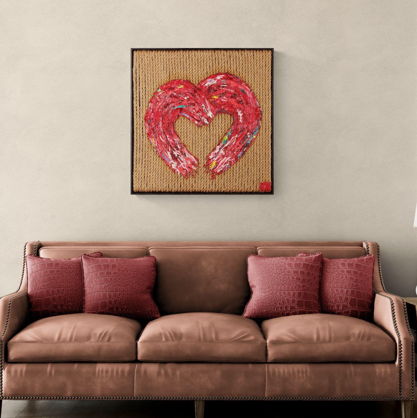Love Threads - Textured Sculptural Oil Art on Jute Ropes 75x73cm - Red Heart Oil Painting - Framed Contemporary Impasto Home Decor