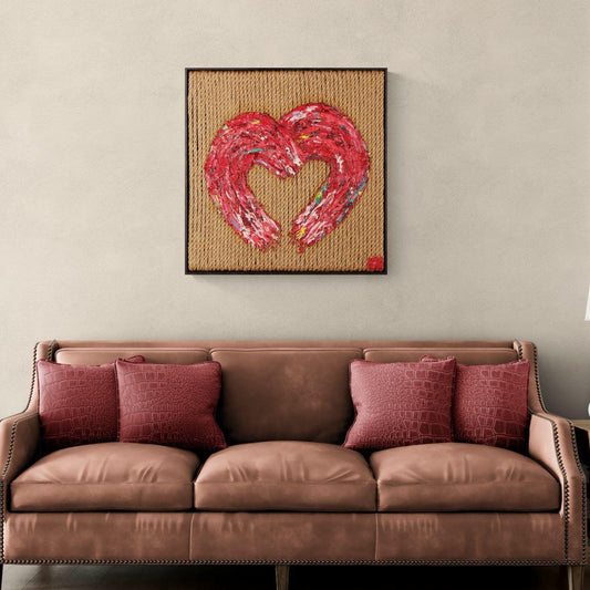 Love Threads - Textured Sculptural Oil Art on Jute Ropes 75x73cm - Red Heart Oil Painting - Framed Contemporary Impasto Home Decor