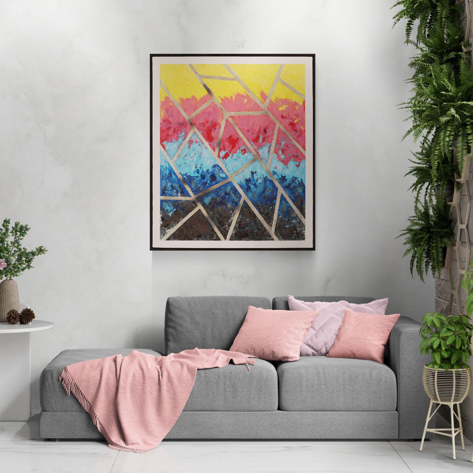 Original Textured Acrylic Painting on Canvas 67x56cm - Urban Sunset - Abstract Cityscape Wall Art - Warm Sunset Colors