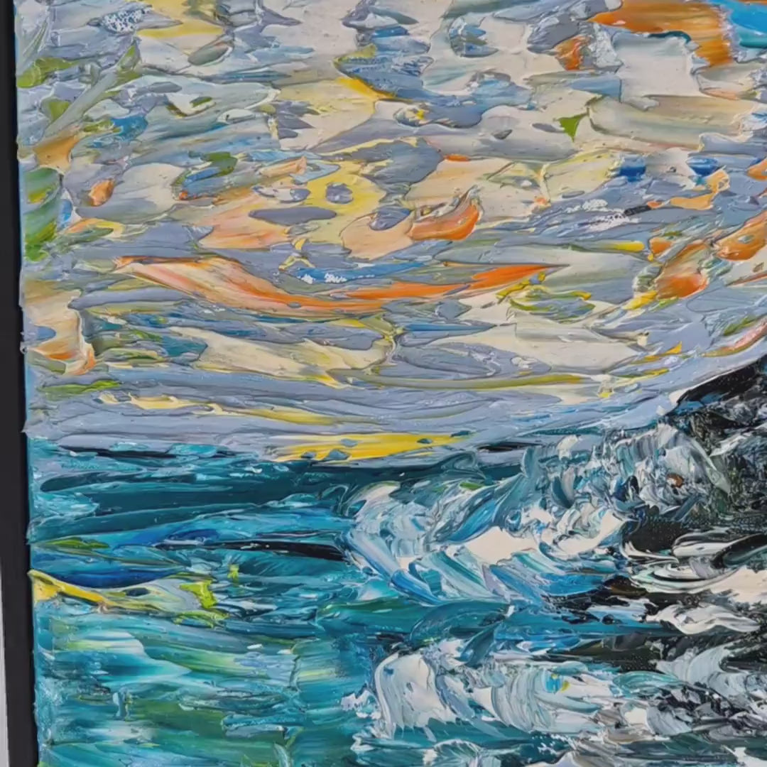 Coastal Oil Painting, 52x52cm - Azure Memory - Framed Abstract Ocean Cliff- Mediterranean Textured Canvas Art