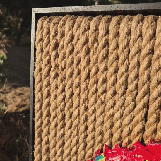 Textured Red Heart Oil Painting on Jute Ropes, 75x73cm - Love Threads - Framed Impasto Art