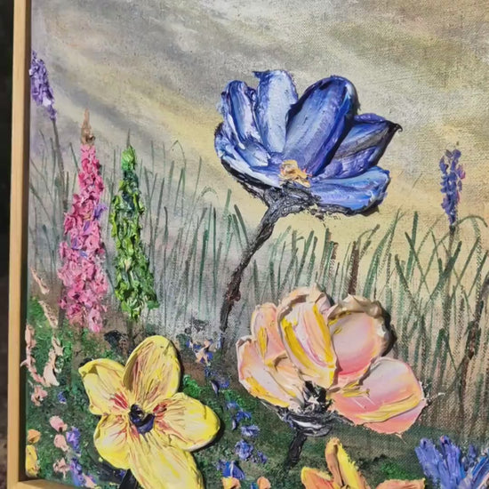 Floral Oil Painting, 62x32cm - Vibrant Wildflower Meadow on Canvas - Framed Floral Art