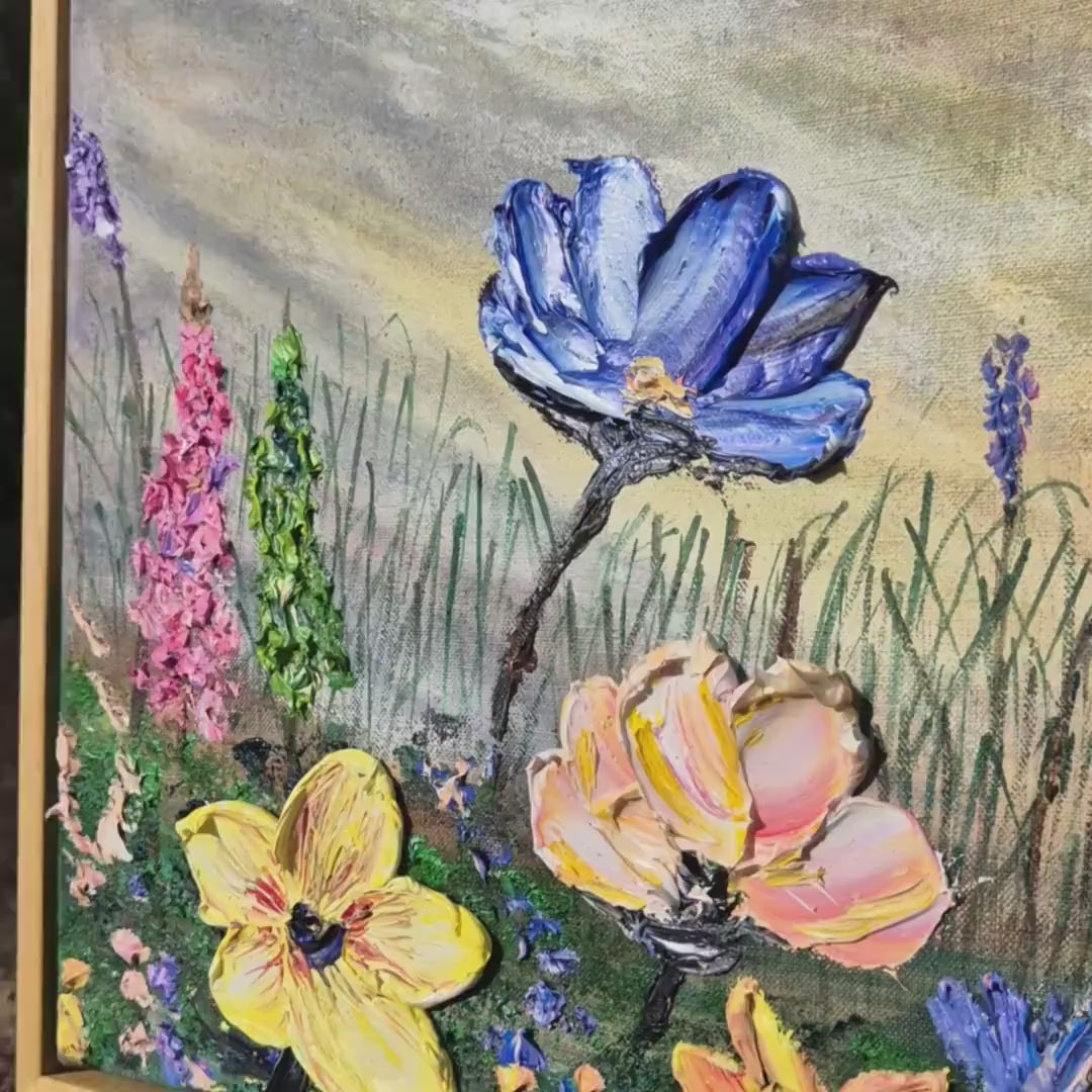 Floral Oil Painting, 62x32cm - Vibrant Wildflower Meadow on Canvas - Framed Floral Art