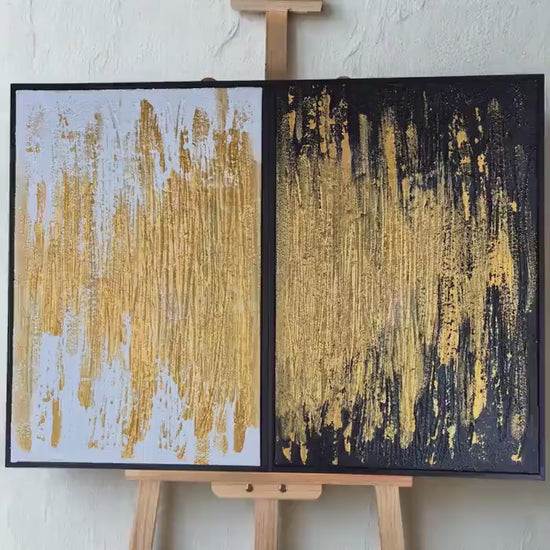 Split Radiance - Modern Gold Large Wall Art- Abstract Diptych Painting - Black And White Textured Wall Art - Luxury Contemporary Home Decor