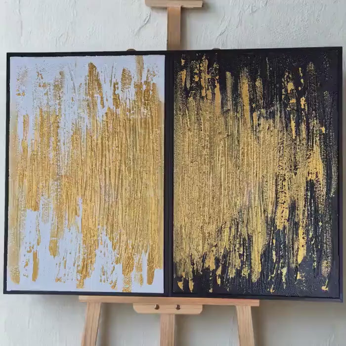 Split Radiance - Modern Gold Large Wall Art- Abstract Diptych Painting - Black And White Textured Wall Art - Luxury Contemporary Home Decor