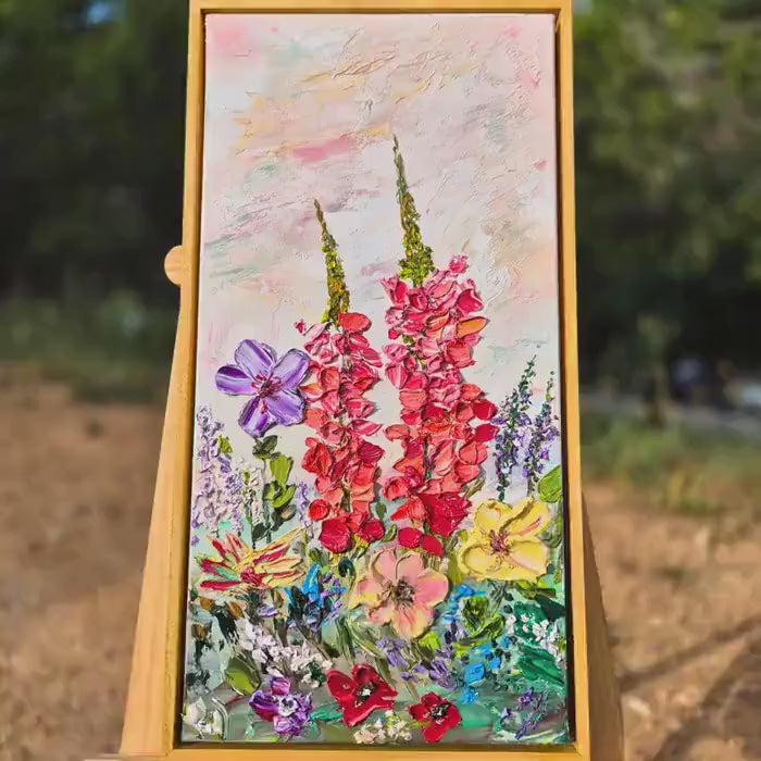 Textured Oil Floral Painting, 62x32cm - Framed Abstract Flower Art on Canvas