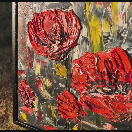 Textured Poppy Field Oil Painting, 62x32cm - Framed Red Floral Abstract Art