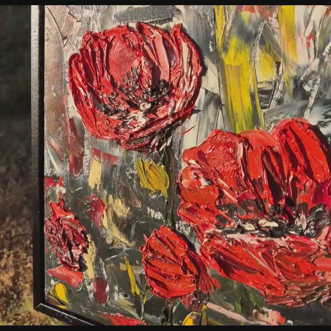 Textured Poppy Field Oil Painting, 62x32cm - Framed Red Floral Abstract Art