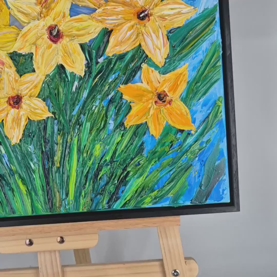 Textured Daffodil Oil Painting, 62x62cm - Framed Floral Impressionism on Canvas