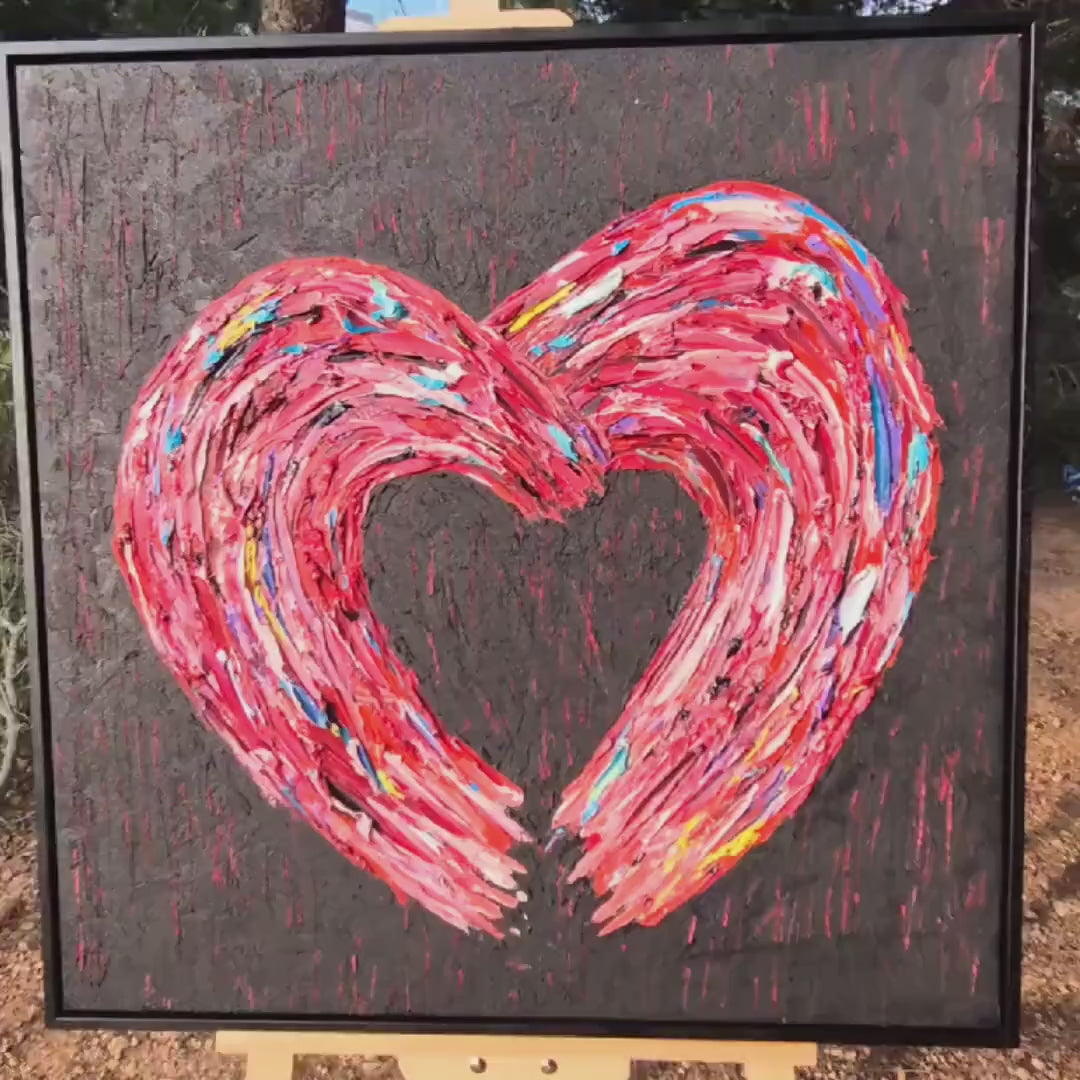 Textured Oil Heart Painting, 72x72 cm - Unbreakable - Framed Abstract Expressionism - Romantic Wall Decor