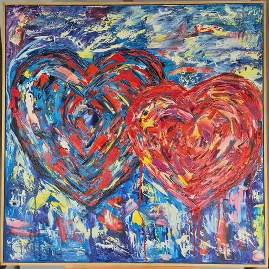 Original Heart Oil Painting 92x92 cm - Ukrainian Hearts, Textured Impasto, Framed Canvas Art