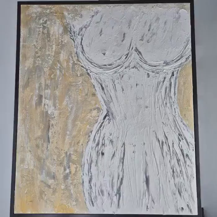 Feminine Abstract Acrylic Painting, 53x63 cm - She is Light - Framed Abstract Female Art - Sculptural Nude - Textured Canvas Art