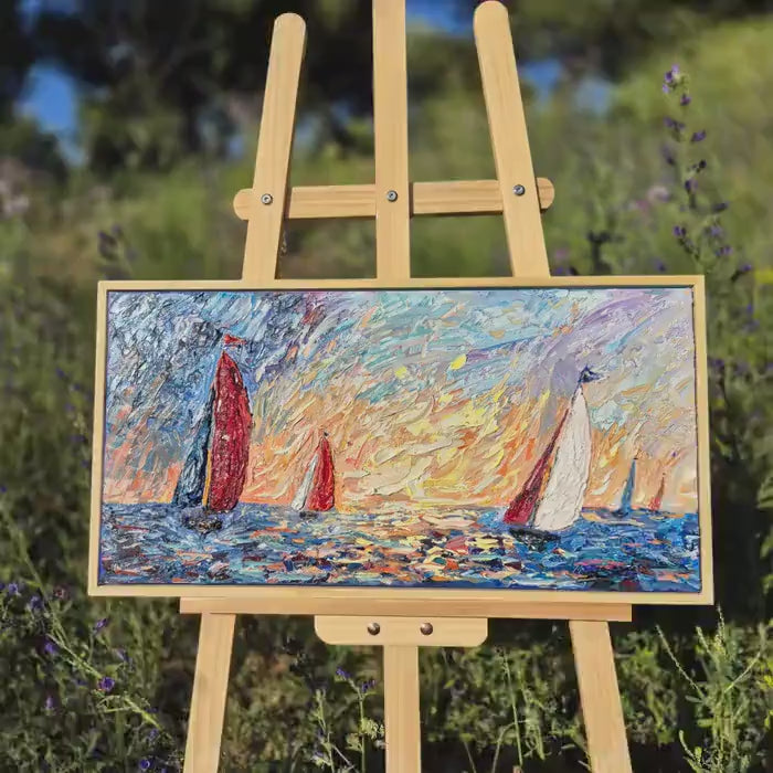 Textured Oil Painting, 62x32cm- Sunset Regatta - Framed Seascape - Coastal Sailing Art