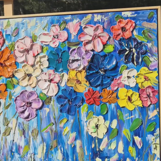 Textured Floral Oil Painting on Canvas, 122x62cm - Framed Large Abstract Impasto Art