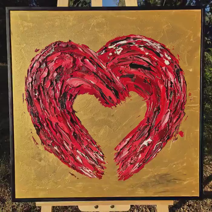 Textured Red Heart Oil Painting, 62x62cm - Golden Love - Framed Abstract Romantic Wall Art