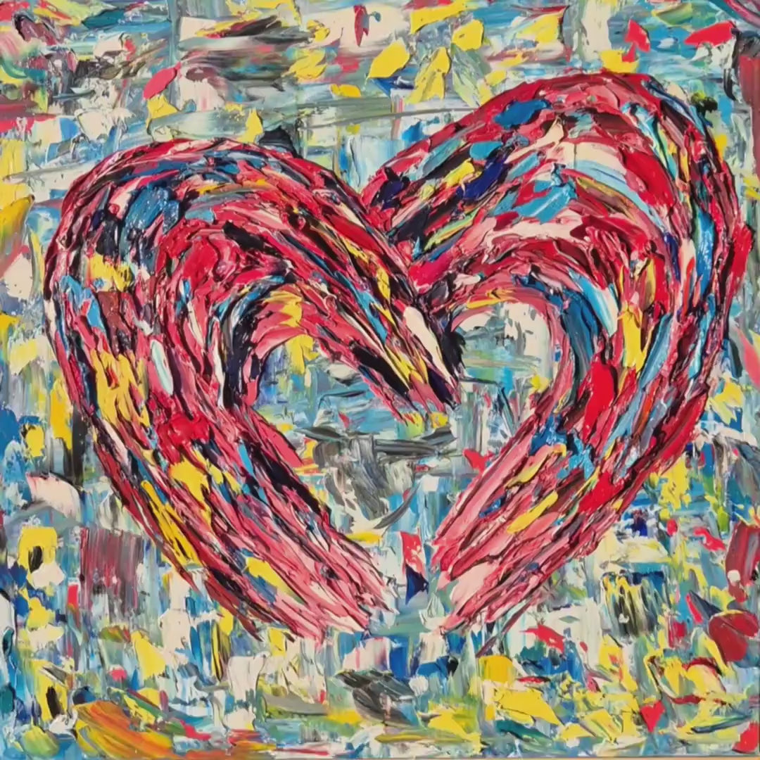Colorful Heart Oil Painting on Canvas 62x62 cm - Lovescape -  Textured Abstract Modern Art - Romantic Framed Palette Knife Art