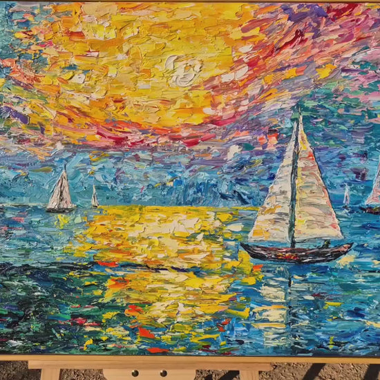 Original Textured Oil Painting on Canvas, 102x67cm - Burning Sky - Framed Sunset Sailing Seascape Art