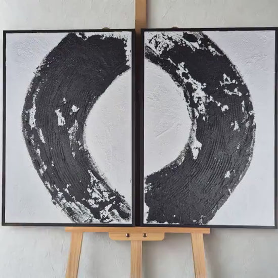 Zen Eclipse - Modern Abstract Black And White Art Diptych Textured Painting - Contemporary Wall Decor - Minimalist Energy