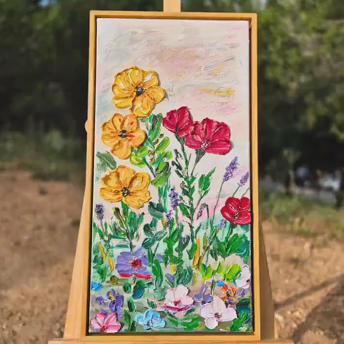 Textured Oil Floral Painting, 62x32cm - Framed Abstract Blooming Flowers on Canvas