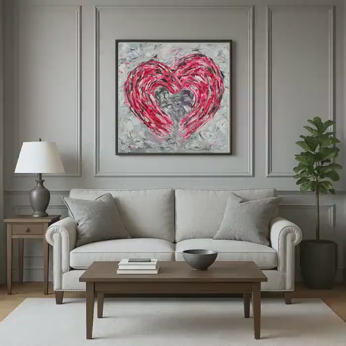 Heart Oil Painting 62x62 cm - Fierce Tenderness - Modern Romantic Wall Art - Handcrafted Textured Canvas Decor for Bedroom & Living Room