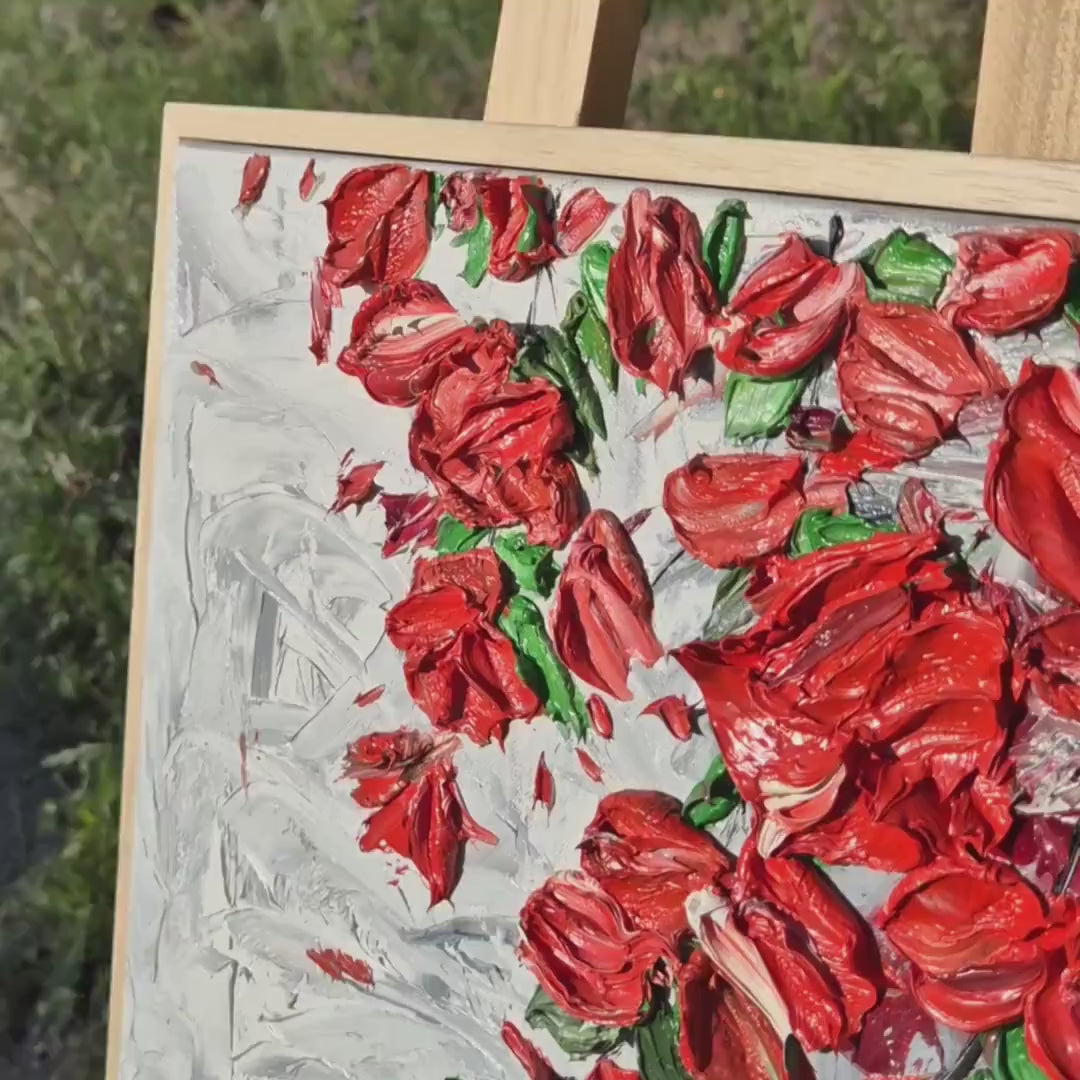 Textured Red Floral Oil Painting, 52x52cm - Framed Abstract Botanical Impasto Art