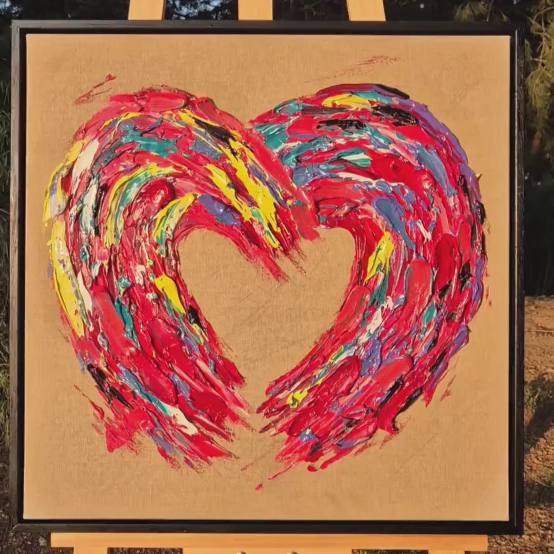 Textured Heart Oil Painting 62x62cm - Barelove - Colorful Abstract Love Art on Raw Canvas - Contemporary Palette Knife Wall Decor