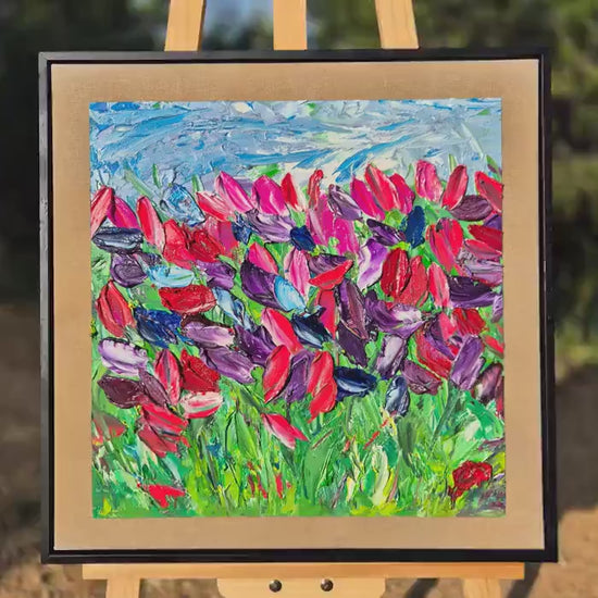Original Oil Painting, 52x52cm - Quiet Garden - Framed Abstract Floral Art - Impressionist Tulip Field