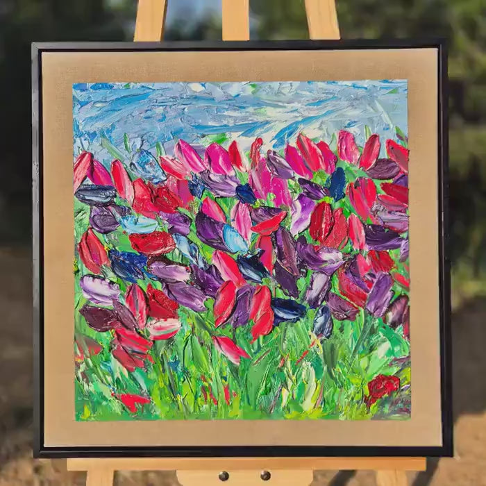 Original Oil Painting, 52x52cm - Quiet Garden - Framed Abstract Floral Art - Impressionist Tulip Field