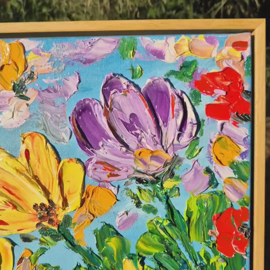 Textured Floral Oil Painting, 82x42 cm - Framed Spring Impressionism - Large Canvas