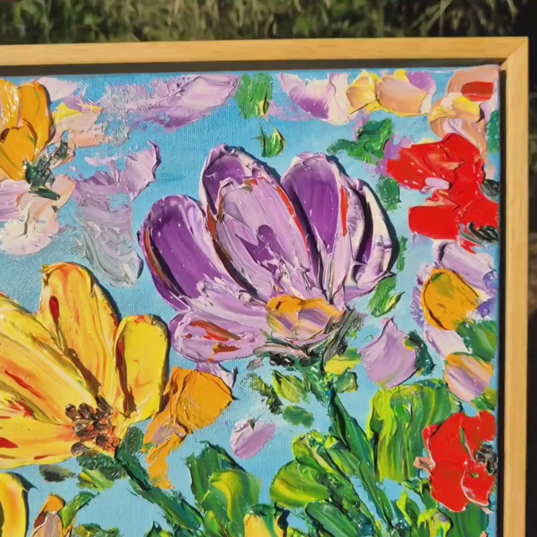 Textured Floral Oil Painting, 82x42 cm - Framed Spring Impressionism - Large Canvas
